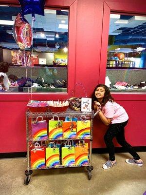 Party favors:  Asked hostess for cart to hold favors and skate goodies  We gave our guest: sunglasses and glow bracelets