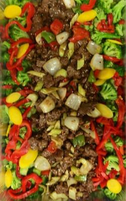 Beef Tips over Roasted Veggies