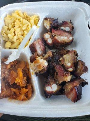 Pork Rib Tips Plate with Candied Yams and Mac and Cheese