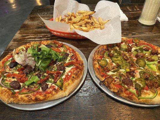 Veggie Supremo Pizza and Hot Italiano Pizza and Baked Seasoned Fries