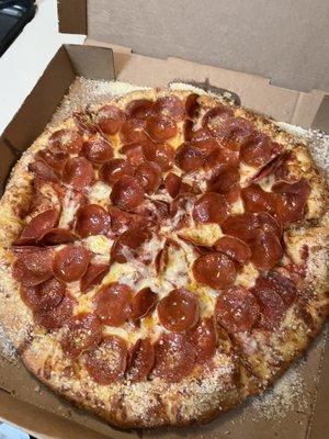 Large double pepperoni pizza... perfect bake on it!