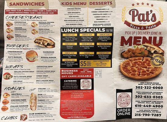 Sandwiches, kids menu, dessert, lunch special menu