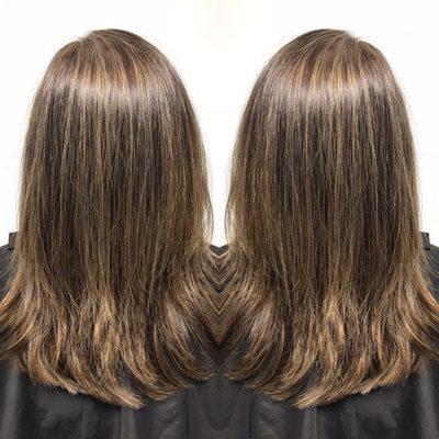 Cut: layers on medium length hair + Brown base change & Full headed highlights(blended) Hair by Marykate. IG: @beautybymkbp_