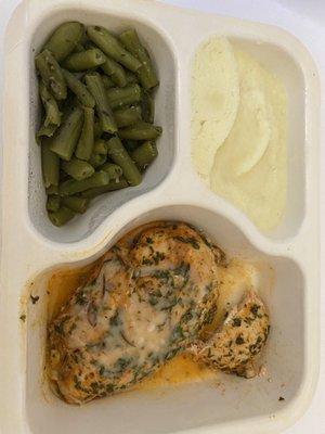 Seasoned Baked Chicken, Mashed Potatoes, and Green Beans; all were good quality and tasty!