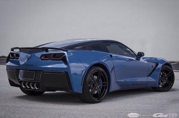 Blue Chevy Corvette Stingray with custom Gloss Black GFG Wheels, Vinyl Wrap in the Roof, and Smoked Tail-lights.