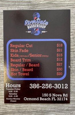 Rivergate Barbershop Hours & Rates