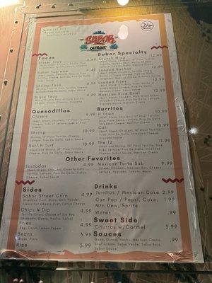 The sabor menu