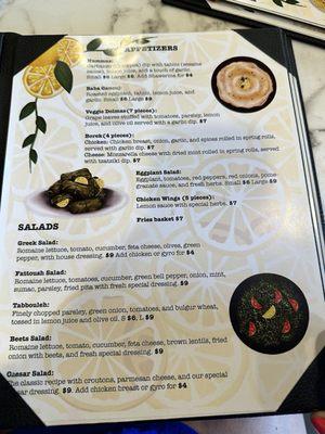 Appetizers and salads menu