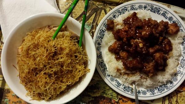 Cantonese noodles and lemon chicken and orange chicken and rice