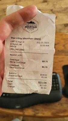 receipt showing price gouging