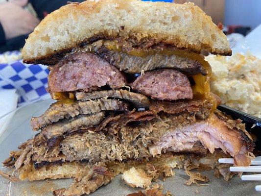 The hoss- massive man sandwich with sausage, brisket, ham, pulled pork, bacon, cheese and bbq sauce. I could only eat 1/3.