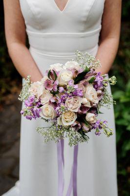 My wedding bouquet (lavender alstroemeria, purple hoary stock, white roses, white spray roses, million star baby's breath)