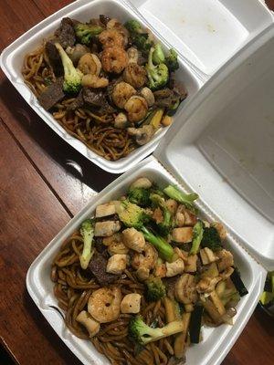 Teriyaki and hibachi shrimp, steak, chicken with noodles