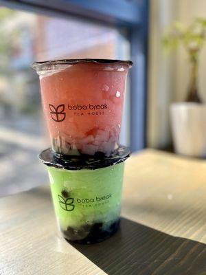 Watermelon and Honeydew slush with boba and lychee jelly