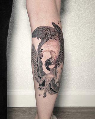 Single needle hawk and duck tattoo by Tyler Borich