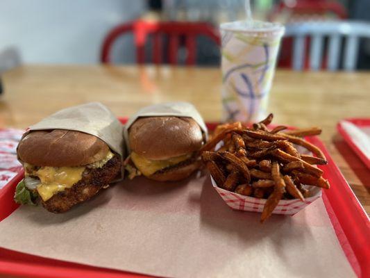 Crispy Chicken Sandwich, honey Chicken Sandwich and Sweet Potato Fries