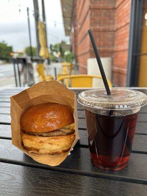 D Street Sausage Sandwich and ice coffee