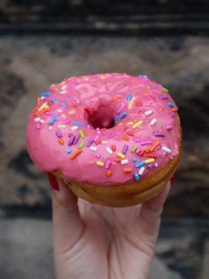 Raspberry Sprinkle Yeast Raised Doughnut @tiffhuangry