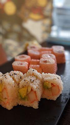 Maki combo- Cali roll, tuna roll, yellowtail scallion roll