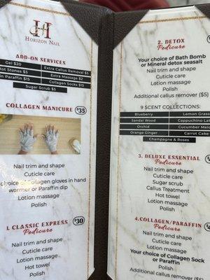 Pedicure menu