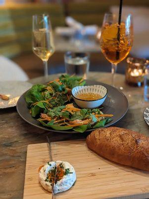 Champagne spritz, Capaletti spritz Japanese butter with smoked trout caviar and fresh bread Shrimp lettuce wrap