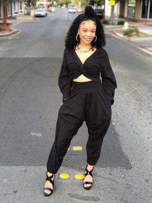 Two piece crop black jogger set