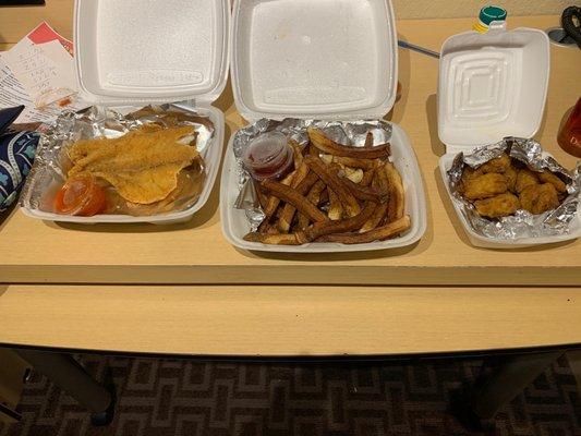 Fries, fried flounder & shrimp