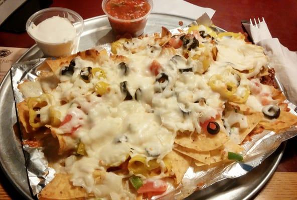 Cheese and veggie nachos. Good, but would have been great with jalapeños instead of yellow/banana peppers.