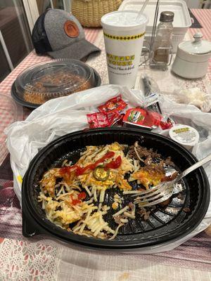 Texas Patty cheese melts, double hash and chocolate chips Waffle