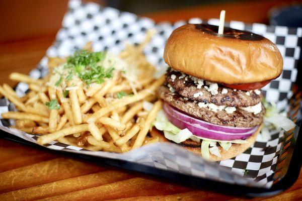 Wagyu burger with double patty (included) and bleu cheese (can choose American too). Fries included (garlic or truffle +$1) . Delicious!