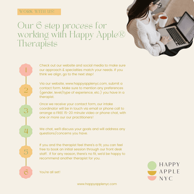 Book with one of our trauma, couples, or anxiety/depression specialists today! 7 days, virtual and in-person appts.WWW.HAPPYAPPLENYC.COM