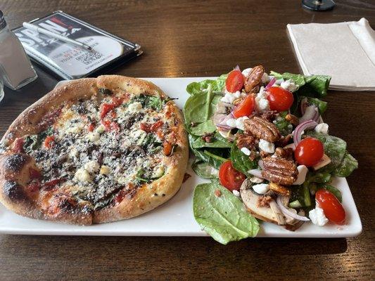 Spinach & Goat Cheese (half) salad and veggie pizza for 12 bucks