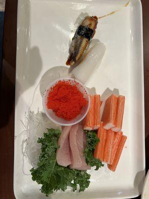 Yellowtail, fake crab, tobiko