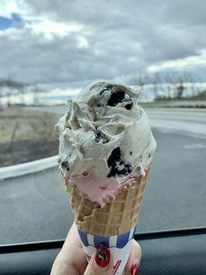 Waffle cone with peppermint stick & cookies and cream custard mmmmm!