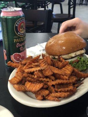 Chicken sandwich and sweet potato fries.