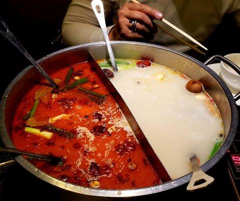 Half and half soup. Spicy is spicy!!!  both broth are good