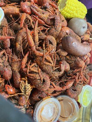 5 lbs spicy crawfish with butter and pink sauce