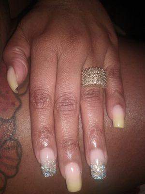 This months nails MY NATURAL NAILS overlayed with poly gel , ombre colored and glitter chunks