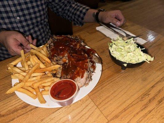 my hubbys plate - brisket and pork and fries and cole slaw