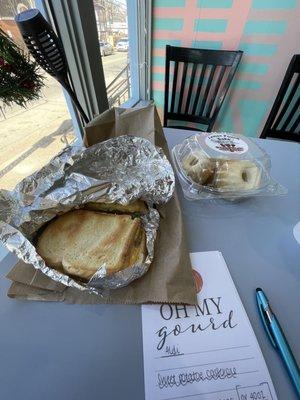 Breakfast sandwich, egg cheese and Turkey sausage. Lemon pound cakes. Americano coffee (not pictured).