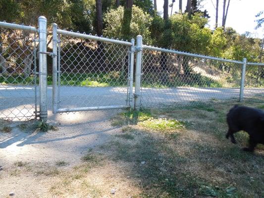 Double gate at Del Rey Oaks Dog Park, Del Rey Oaks, CA (note gap under gate).