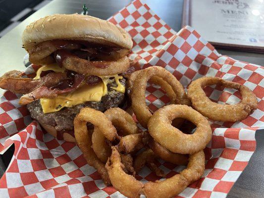 The western bacon, burger, and onion rings very tasty