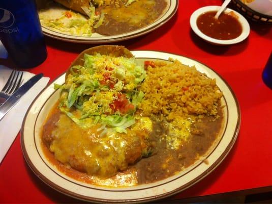 Chicken Taco, Chili Rellano, rice and beans