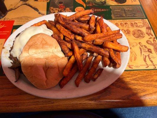 Swiss mushroom burger with sweet potato fries.