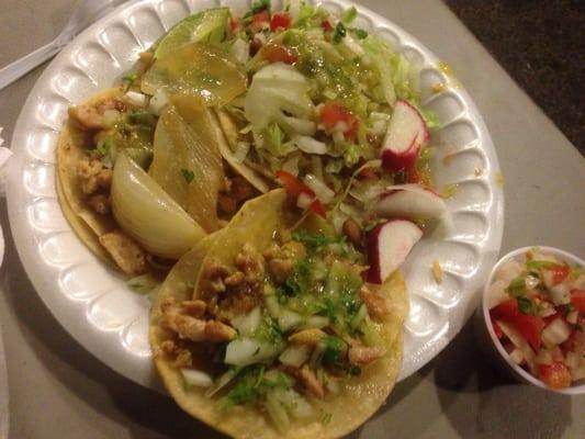 Chicken & veggie tacos with grilled onions.  Yeahhhh!