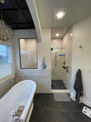 A Custom Frameless Euro Shower Door and Window Panel with Showerguard Glass and Matte Black Hardware.