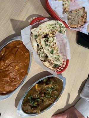 Goat curry, Butter Chicken, onion kulcha, garlic naan