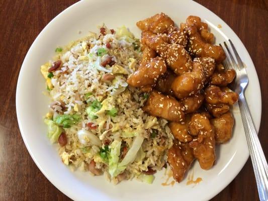 Great tasting sesame chicken and fried rice combo