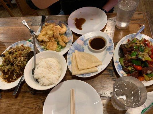 Left to right: mooshu pork, white rice, salt and pepper shrimp, wrap for moo shu pork, Mongolian beef