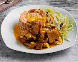 Lunch - Cow foot with broad bean, steam vegetable, rice and peas.